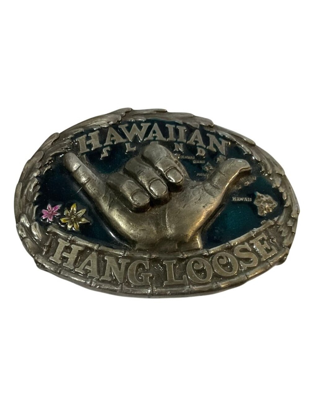 Vtg Hawaiian Islands Hang Loose Shaka Belt Buckle 1986 Jopa 3x2 Inches